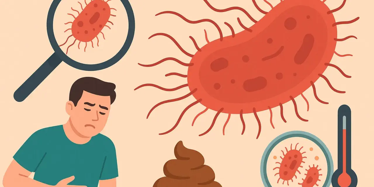 Uomo con mal di pancia, feci arancioni, batteri visti al microscopio e termometro.