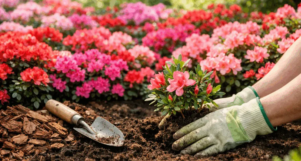 Manos enguantadas plantan una azalea rosa entre vibrantes tipos de azaleas rojas y rosas. Pala y mantillo cerca.