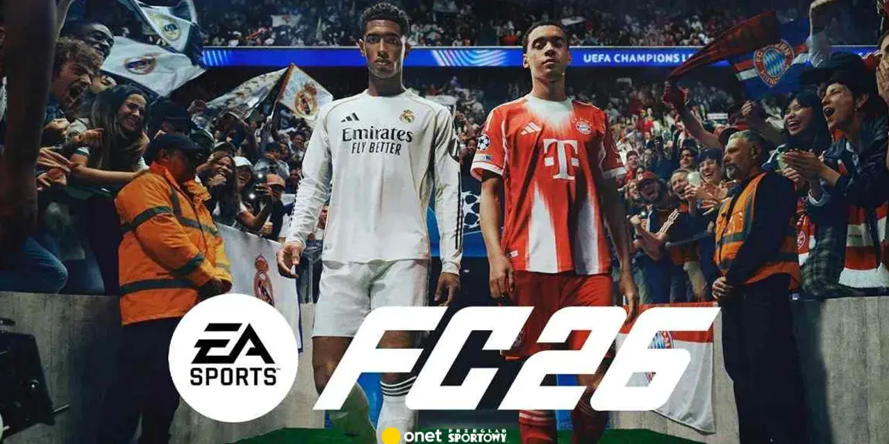 Dwóch piłkarzy w strojach Realu Madryt i Bayernu Monachium na tle trybun pełnych kibiców. Wielkie logo FC 26 sugeruje, kiedy nowa FIFA.
