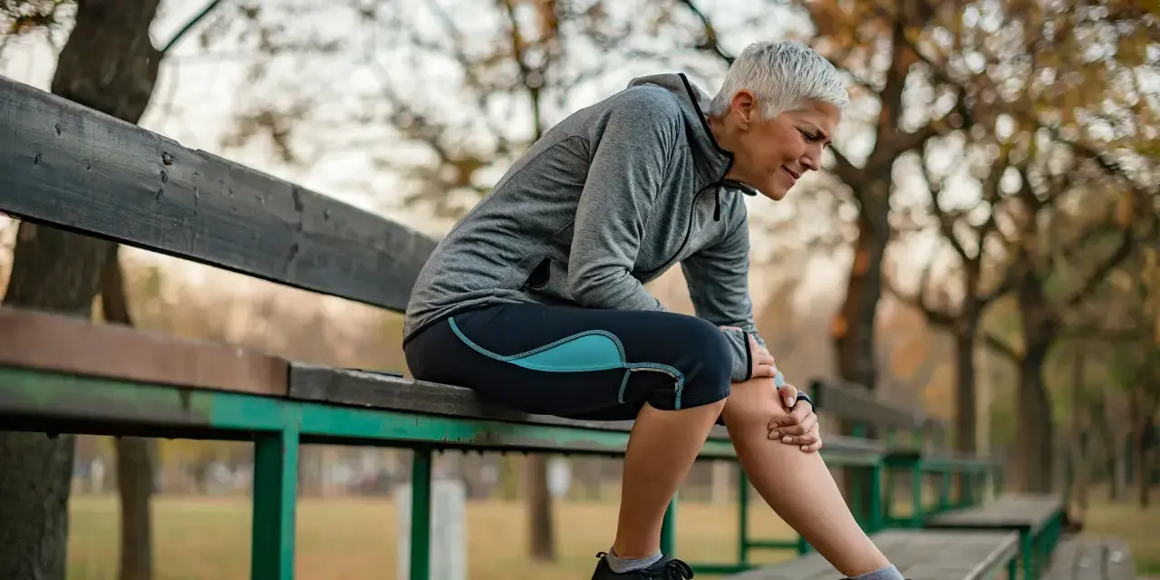 Kvinna med benhinneinflammation utsida sitter på en bänk och håller sig om smärtande underbenet.