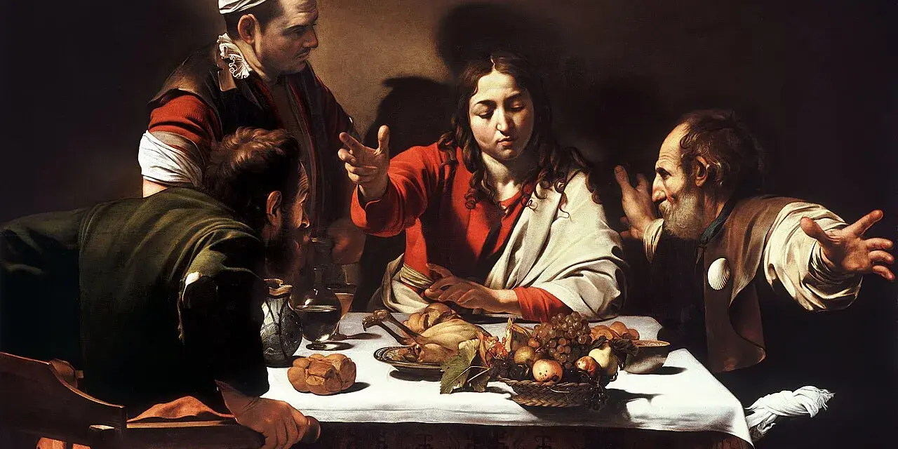 Wieczerza w Emaus Caravaggia: Jezus błogosławi posiłek, a jego towarzysze rozpoznają go w geście zdumienia.