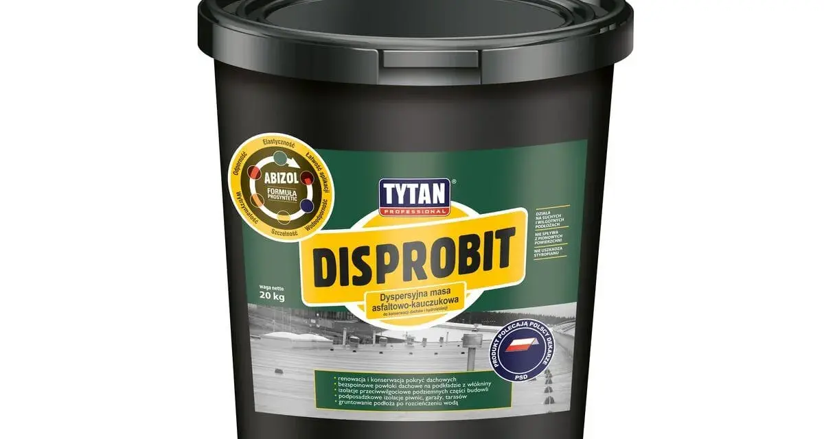 Czarny kubeł z masą **Disprobit** do renowacji dachów. Produkt Tytan Professional, 20 kg, z formułą Abizol.