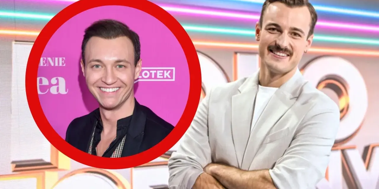 Uśmiechnięty koło fortuny prowadzący w jasnej marynarce, obok jego zdjęcie w czerwonym okręgu.