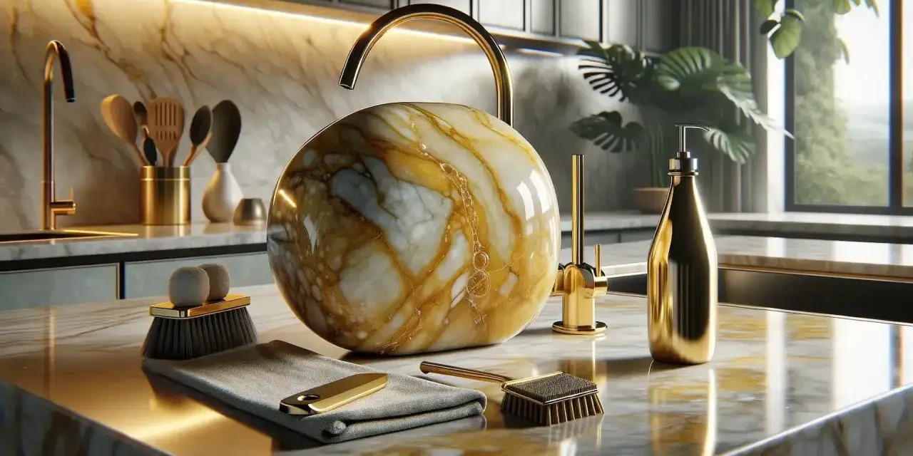 Un lavabo esférico de mármol veteado en oro y blanco, junto a un grifo dorado y accesorios para pulir mármol.