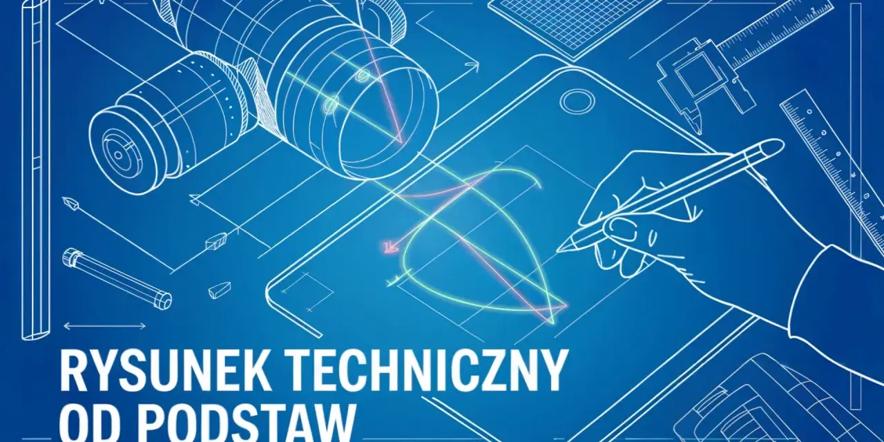 Rysunek techniczny od podstaw: dłoń kreśli linie na planie, obok części mechaniczne i narzędzia pomiarowe.
