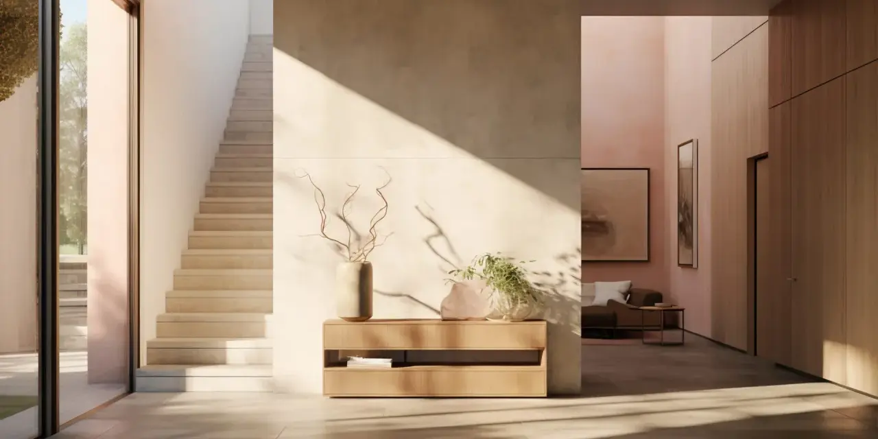 Ingresso moderno con pareti dipinte particolari, scala in pietra e arredi minimalisti. La luce solare crea giochi d'ombra suggestivi.