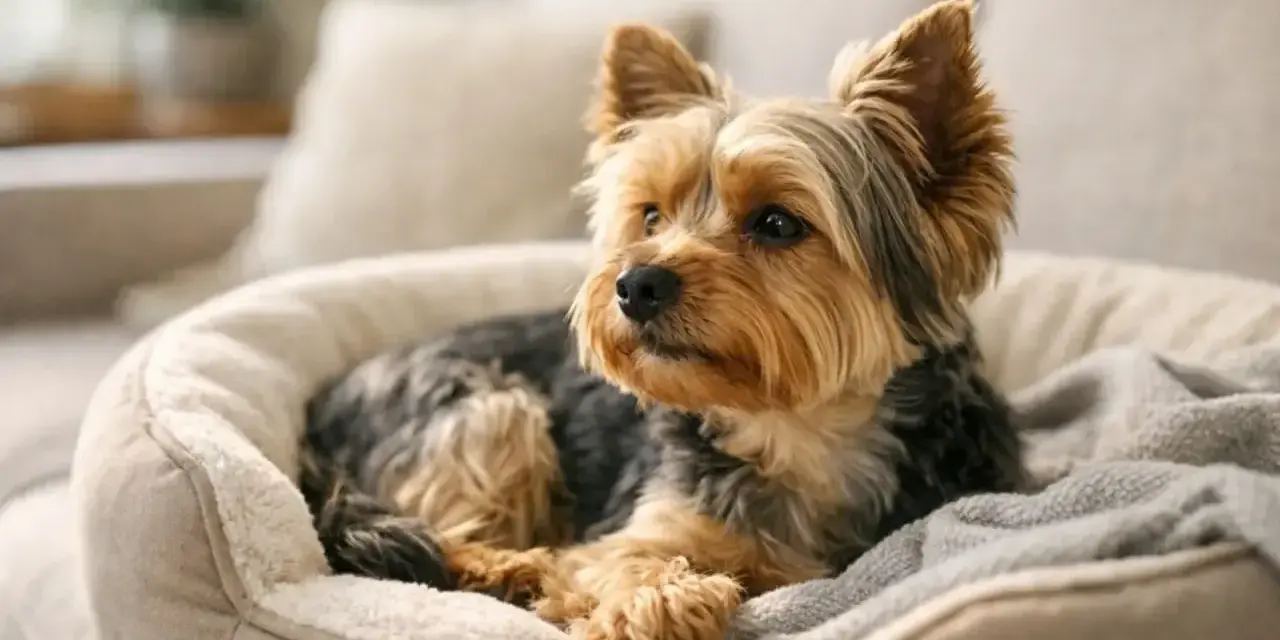 Uroczy yorkshire terrier w swoim legowisku. Zastanawiasz się, ile kosztuje york?