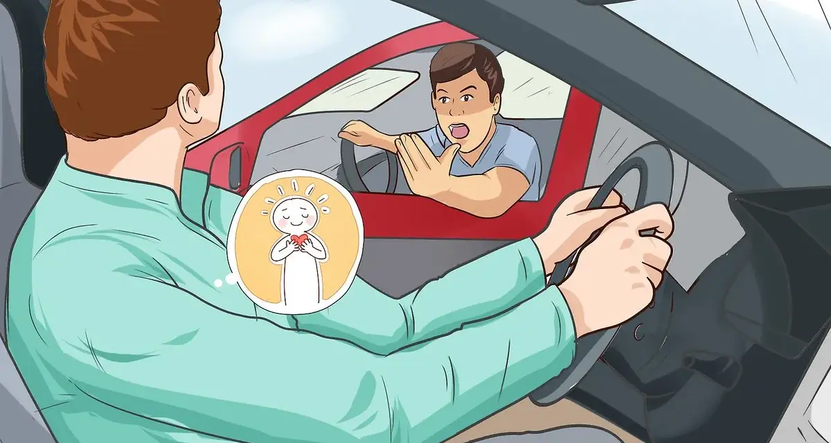 Un automobilista calmo, con un pensiero di gioia, evita una reazione aggressiva verso un altro guidatore arrabbiato. Impara come guidare bene con pazienza.