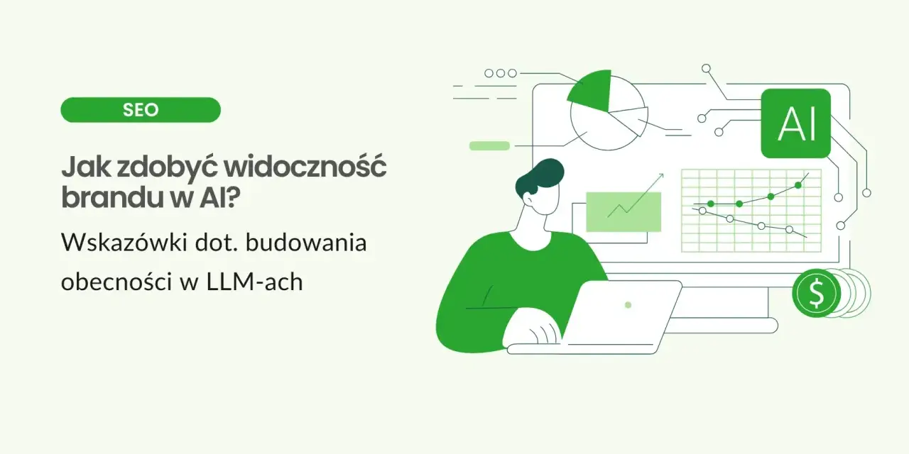 Grafika ilustruje budowanie widoczności marki w AI. W tle wykresy i ikona AI. Nie ma tu nic o zespole Treacher Collins.