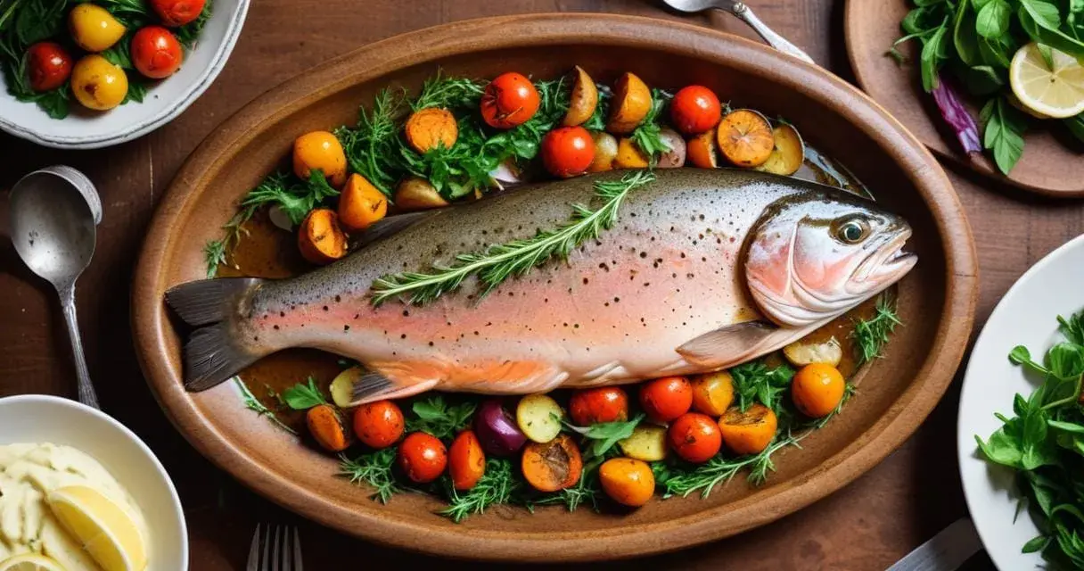 Hel, vacker fisk i ugn, dekorerad med örter och serverad med rostade tomater och potatis. En festlig måltid!