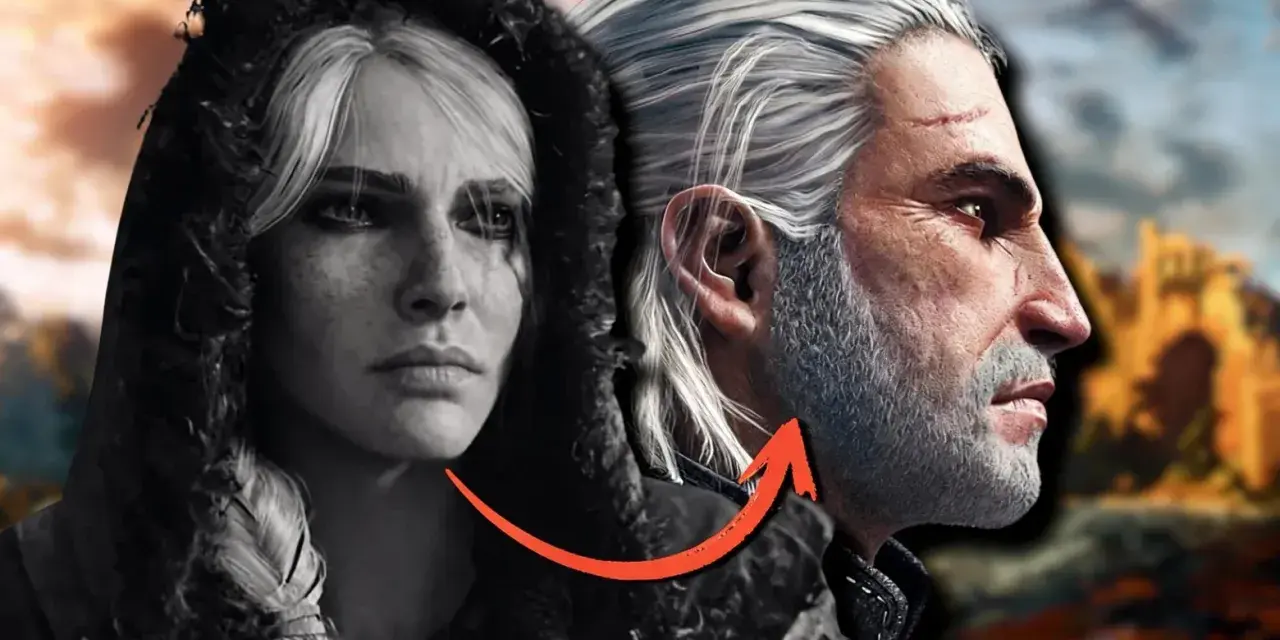 Ciri y Geralt, ¿preparando el camino para The Witcher 4? Un vistazo a sus rostros, uno en blanco y negro, el otro con un paisaje épico de fondo.