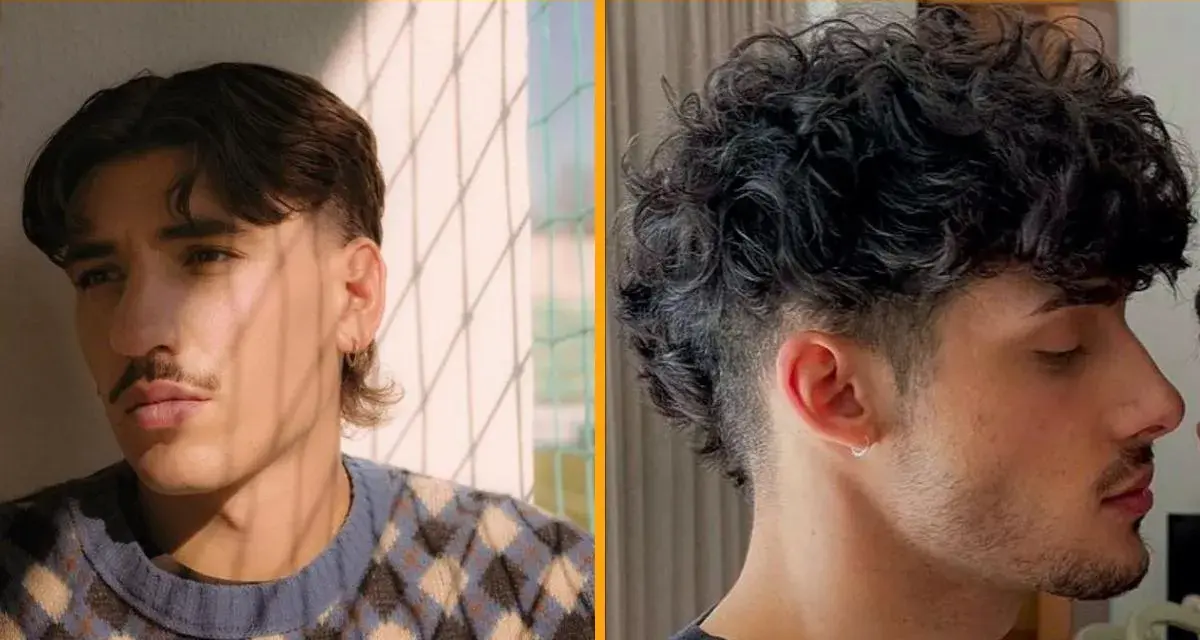 Dos hombres con distintos tipos de mullet: uno liso y con patillas, otro rizado y rapado.