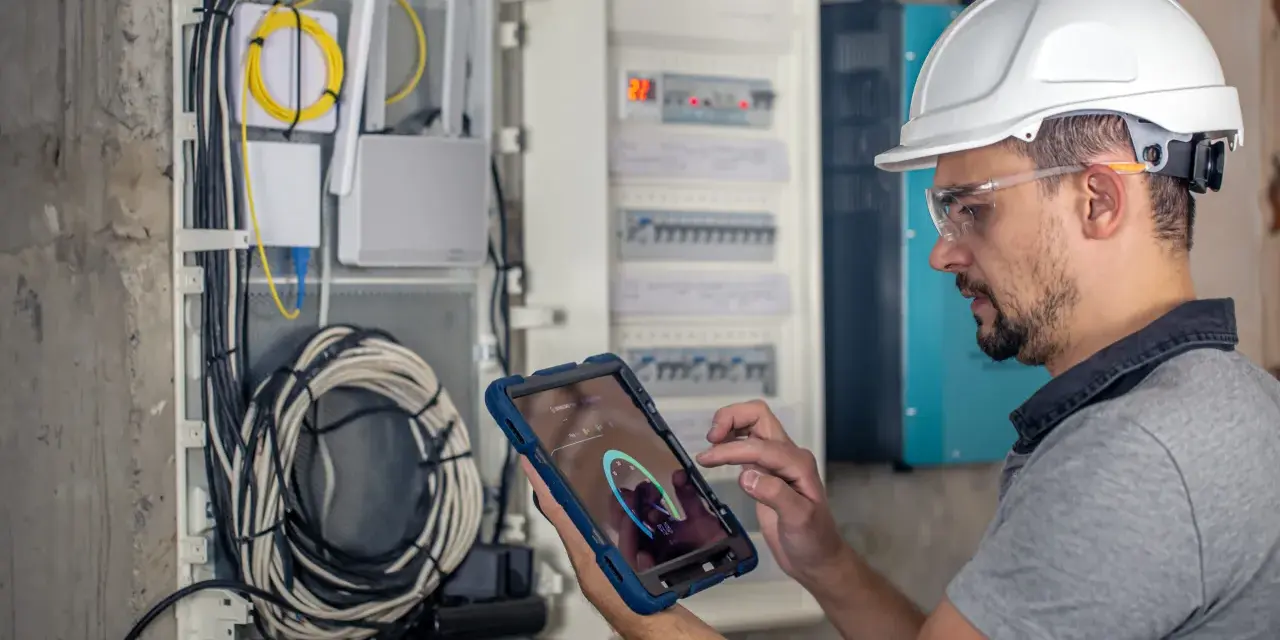 Technik w kasku i okularach ochronnych sprawdza przegląd instalacji elektrycznej domu na tablecie. Widoczne przewody i rozdzielnica.