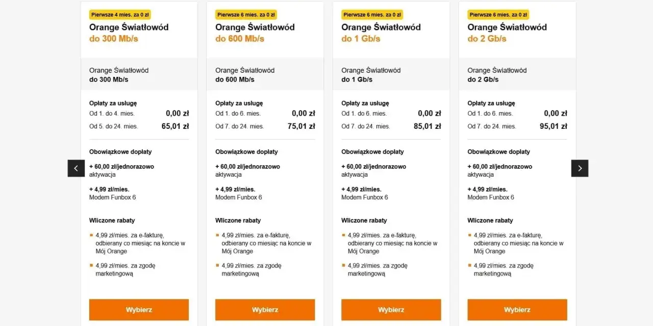 Porównanie ofert Orange Światłowód. Sprawdź, jak sprawdzić ile mam internetu w Orange, przeglądając ceny i prędkości.