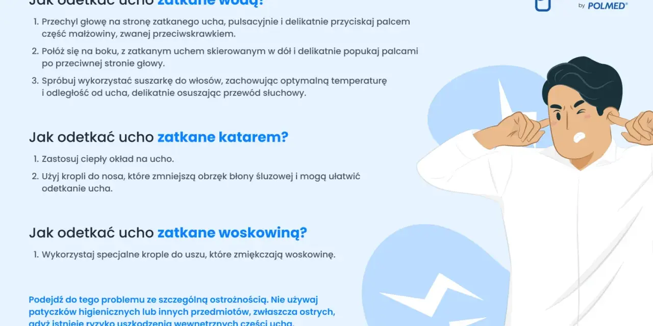 Mężczyzna zatyka uszy, szukając sposobu, jak wyrównać ciśnienie w uszach. Porady dotyczące zatkanego ucha wodą, katarem i woskowiną.