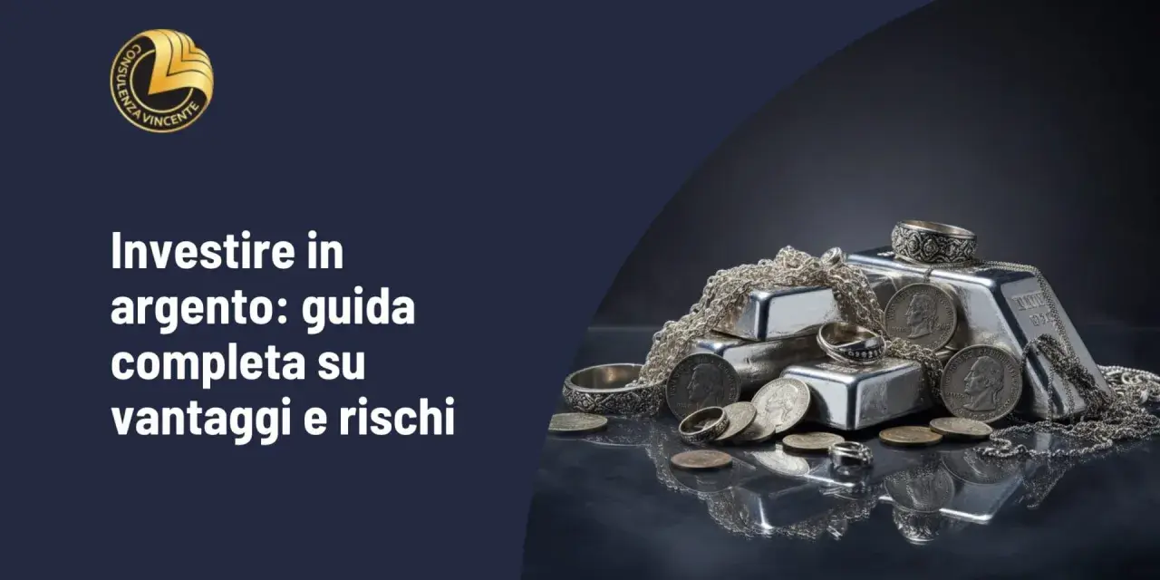 Lingotti e monete di argento 950, gioielli e catene brillano su una superficie riflettente.