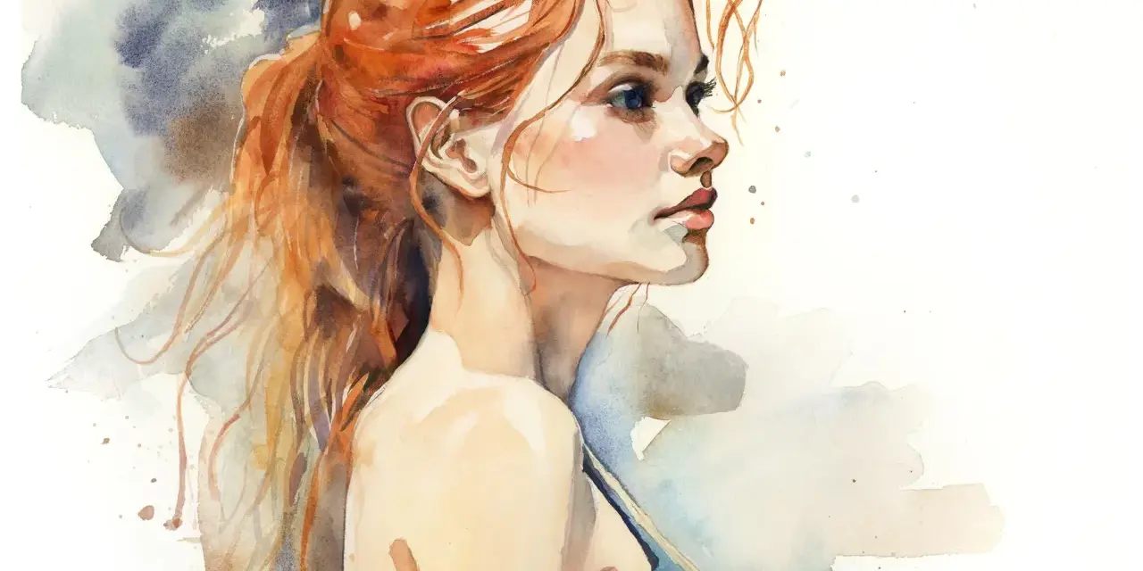 Composition aquarelle d'une jeune femme aux cheveux roux, regardant de profil, avec des touches de bleu et de gris en arrière-plan.