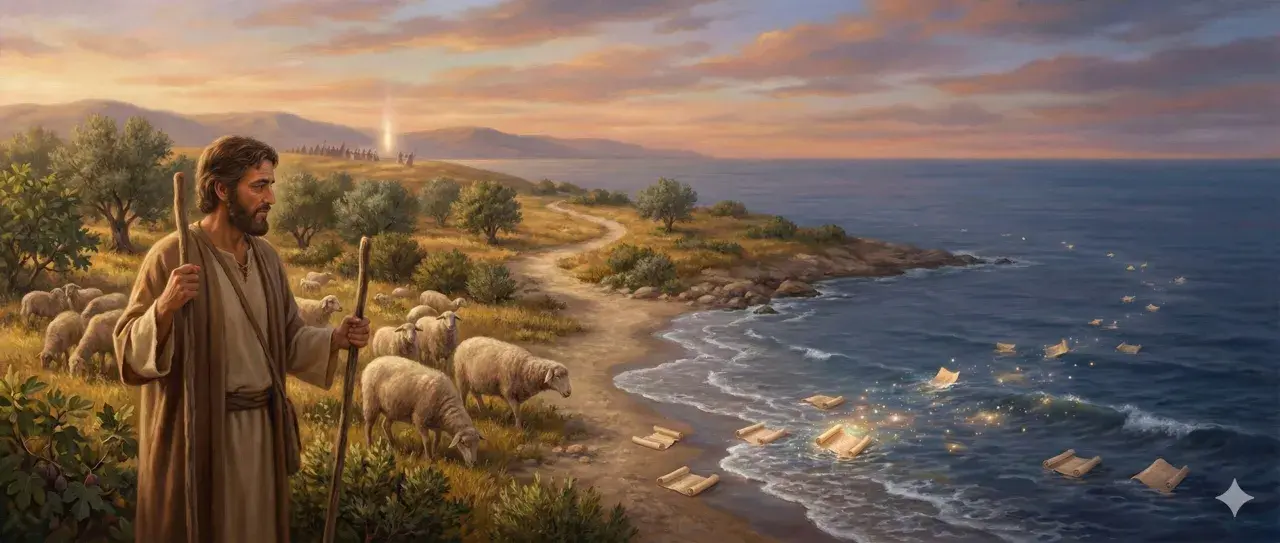 Ein Hirte mit Schafen am Meer, wo Schriftrollen wie Lichter auf dem Wasser treiben, eine Szene inspiriert von Epheser 1.