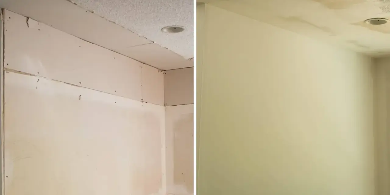 Before and after images show how to finish drywall, transforming a rough, unfinished wall into a smooth, painted surface.