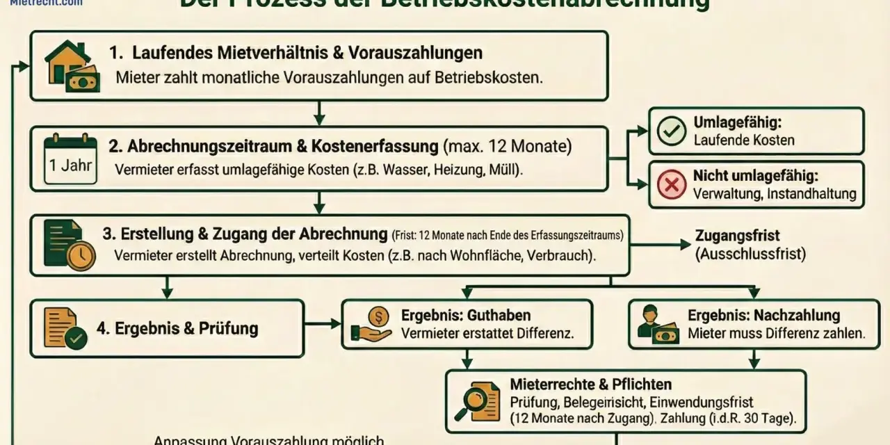 Flussdiagramm erklärt den Prozess der Betriebskostenabrechnung, damit Mieter ihre Abrechnung verstehen. Es zeigt Schritte von Vorauszahlungen bis zum Ergebnis.