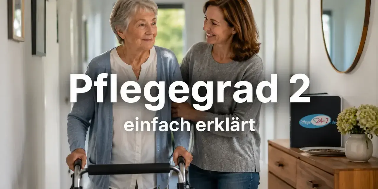 Eine ältere Frau mit einem Gehwagen wird von einer jüngeren Frau gestützt. Der Text "Pflegegrad 2 einfach erklärt" ist prominent platziert.