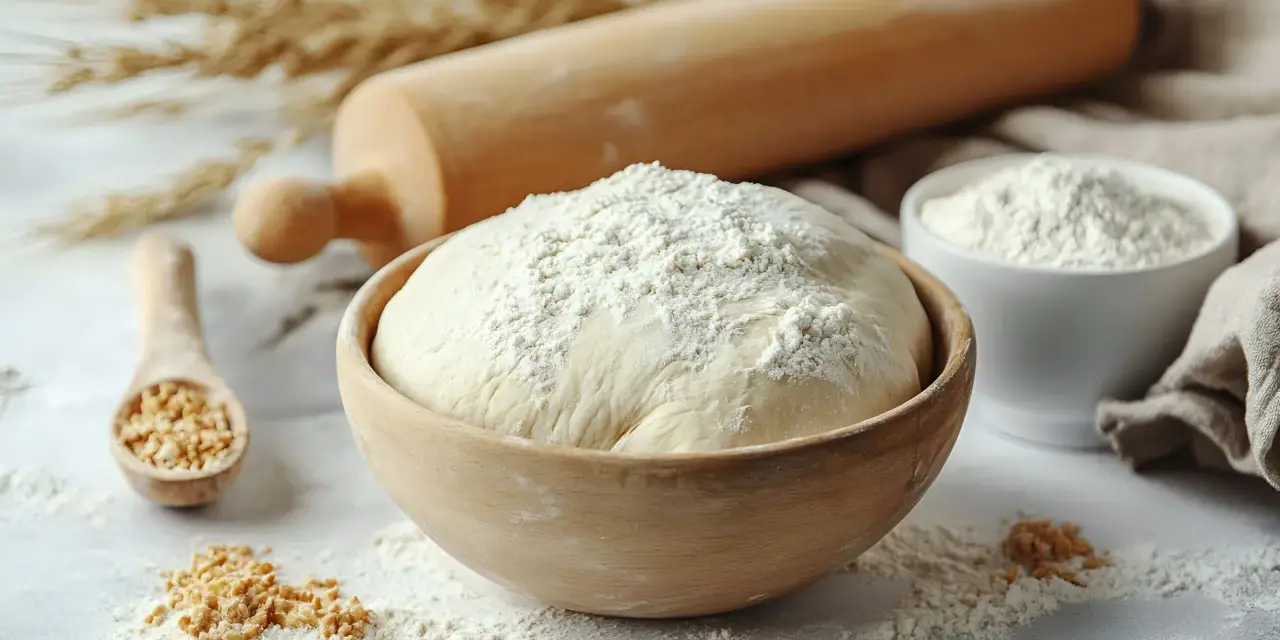 Ciasto na pyszną pizzę bezglutenową rośnie w drewnianej misce, obok wałka i mąki.