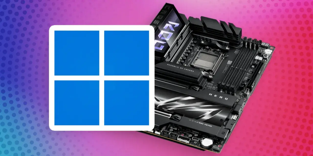 Windows 11 Logo neben einem ROG Mainboard. Ein TPM-Chip ist für die Sicherheit unerlässlich.