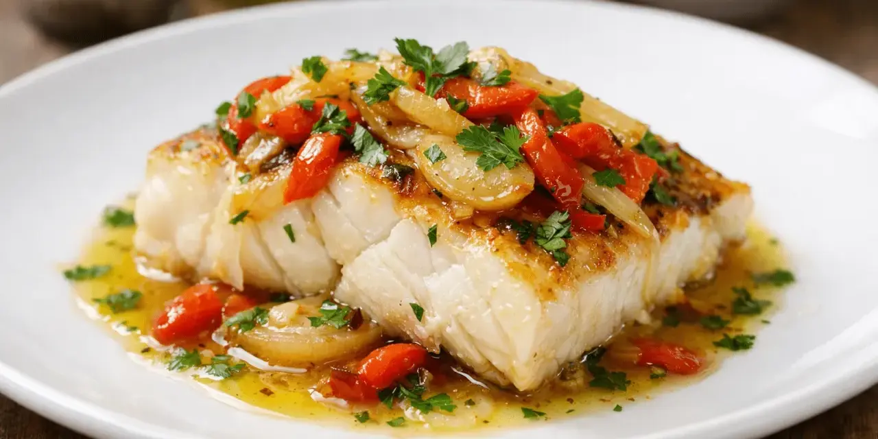 Bacalao con verduras, un plato principal jugoso y lleno de sabor, con trozos de pimiento rojo y cebolla salteados, adornado con perejil fresco.