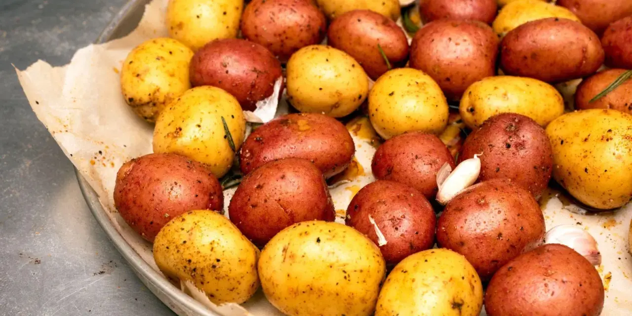 Ziemniaki z ogniska, czerwone i żółte, przyprawione czosnkiem i ziołami, gotowe do pieczenia.
