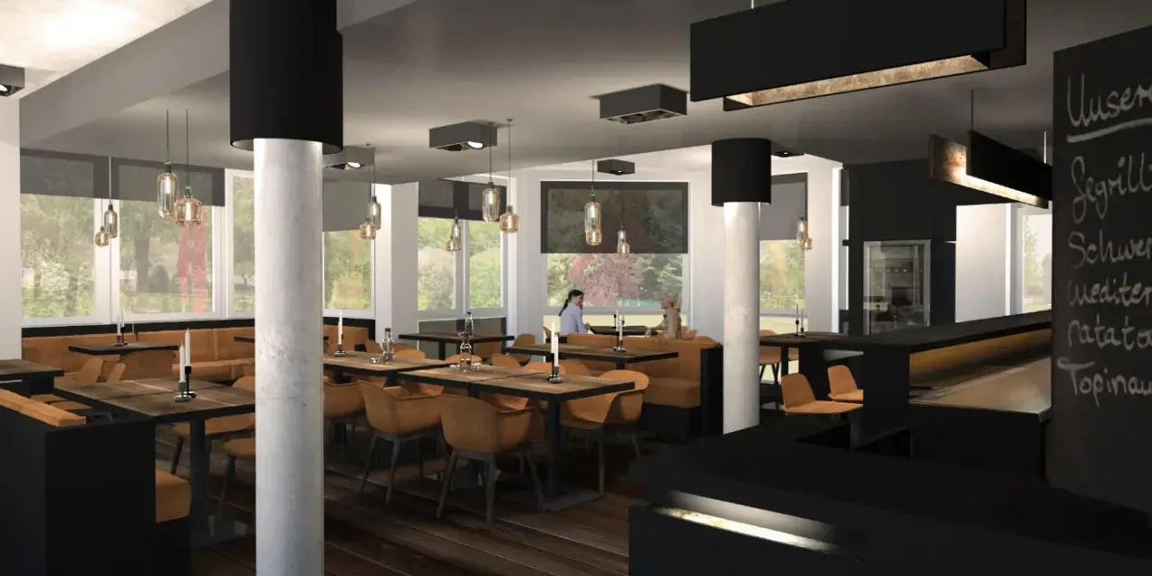 Modernes Fischrestaurant in Berlin mit Holzböden, braunen Ledersitzen und großen Fenstern.