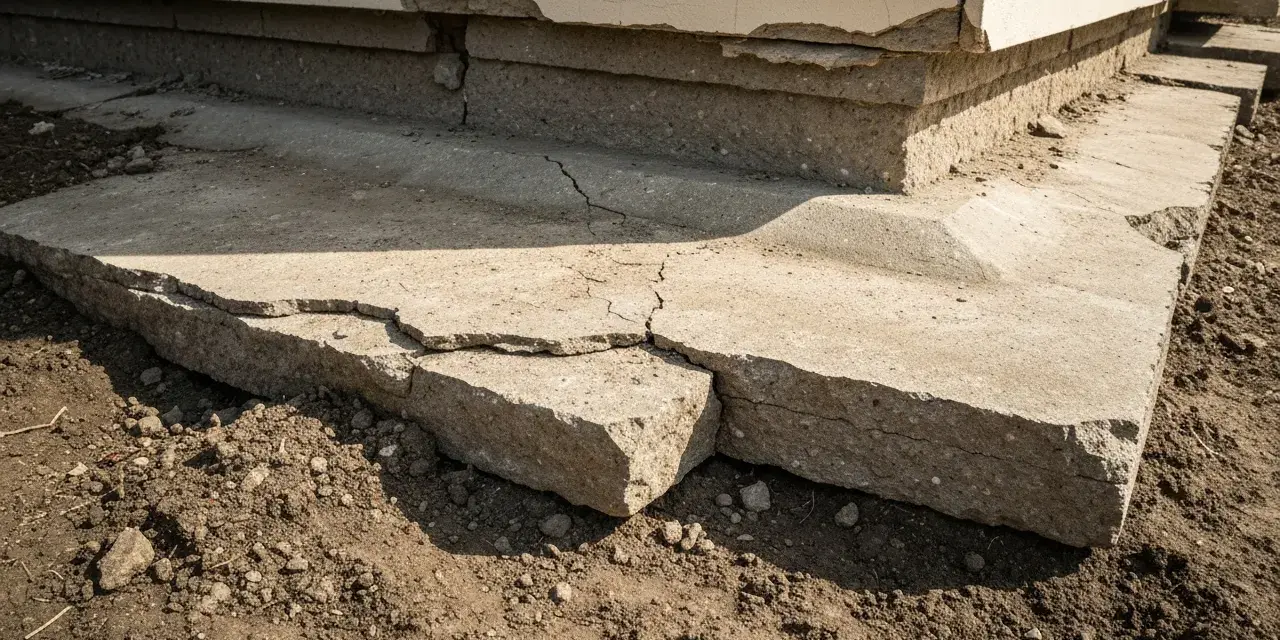 Popękane betonowe fundamenty domu, widoczne uszkodzenia i nierówności.