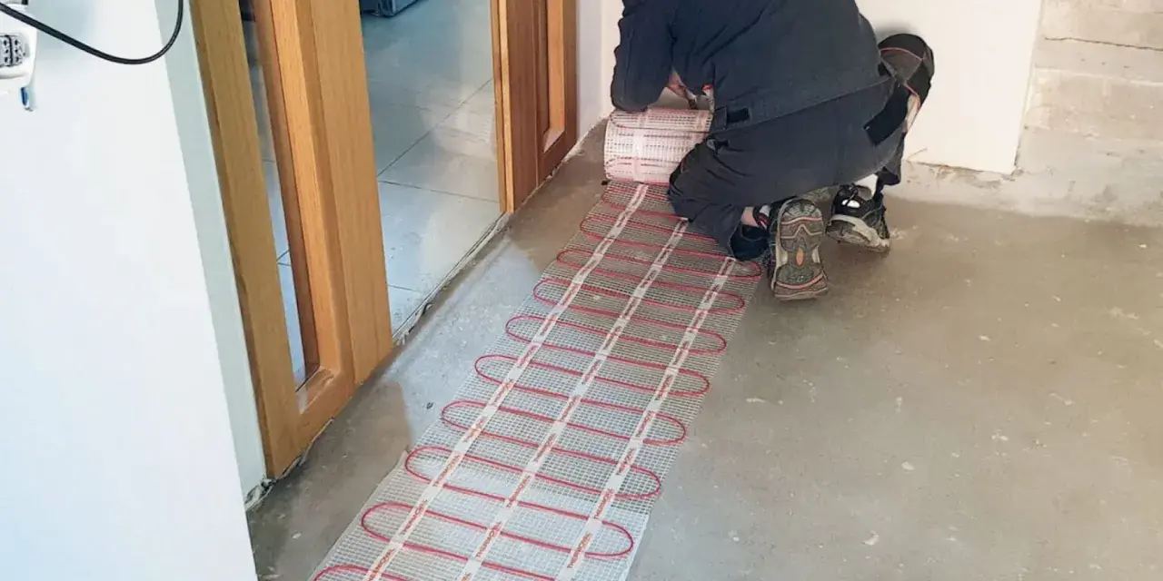 Instalator montuje matę grzewczą, przygotowując ogrzewanie elektryczne podłogi.