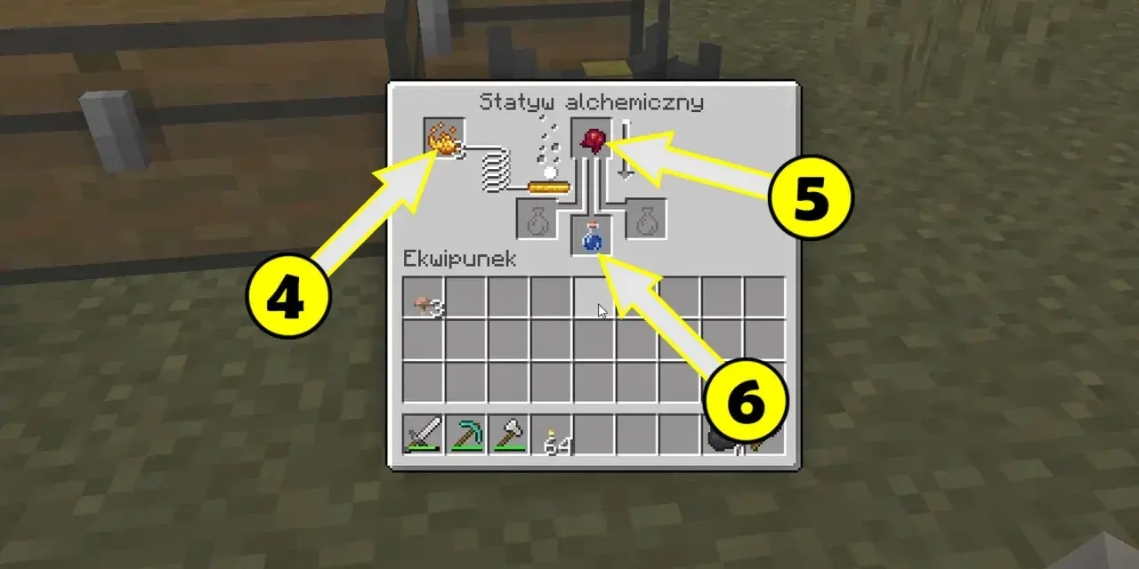 Tworzenie mikstury słabości w Minecraft. Na ekranie widać interfejs stacji alchemicznej z zaznaczonymi składnikami i gotowym eliksirem.