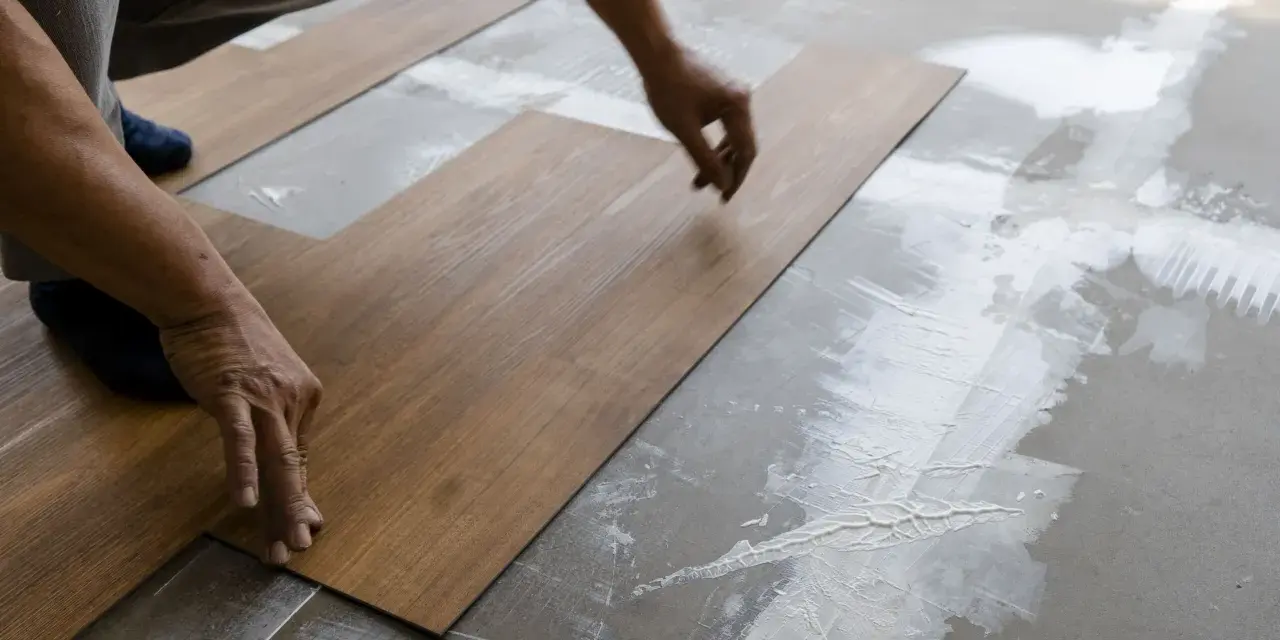 Hände legen Holzoptik-Vinylboden auf Kleber. Das Verlegen von Vinylboden erfordert Präzision.