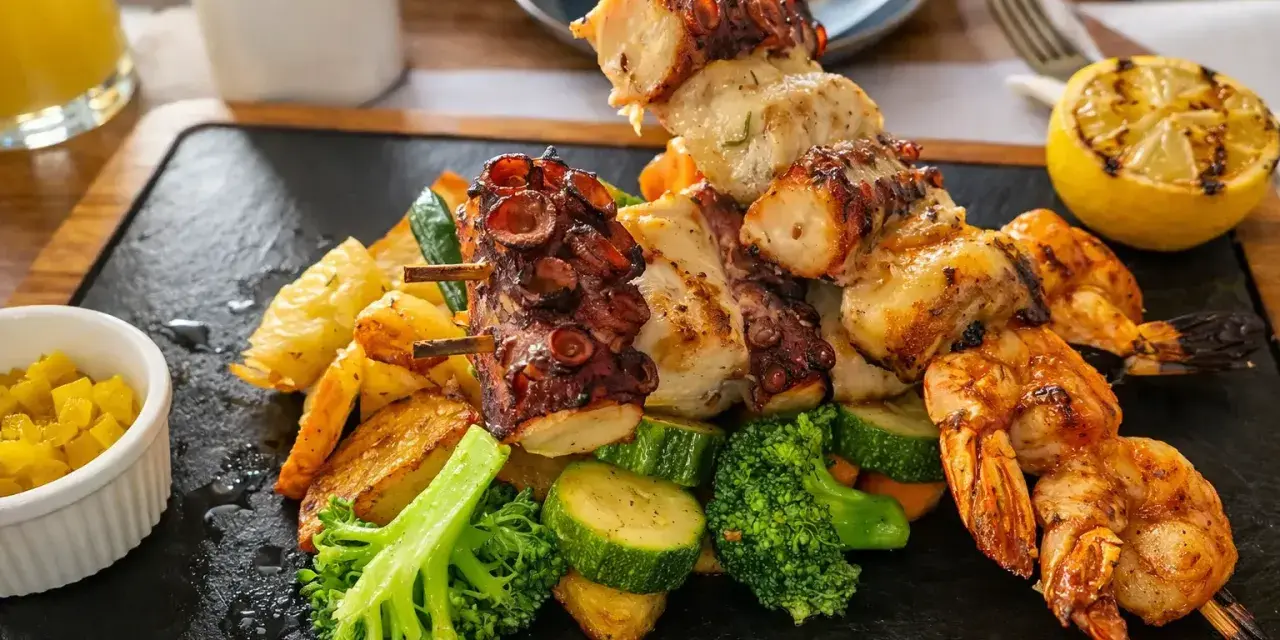 Grillowany ośmiornica i krewetki na szpadzie, podane z pieczonymi ziemniakami, warzywami i cytryną. Pyszne cypr jedzenie.