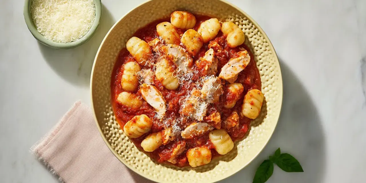 Pyszne gnocchi z kurczakiem w sosie pomidorowym, posypane parmezanem. Idealne danie dla miłośników włoskich smaków.