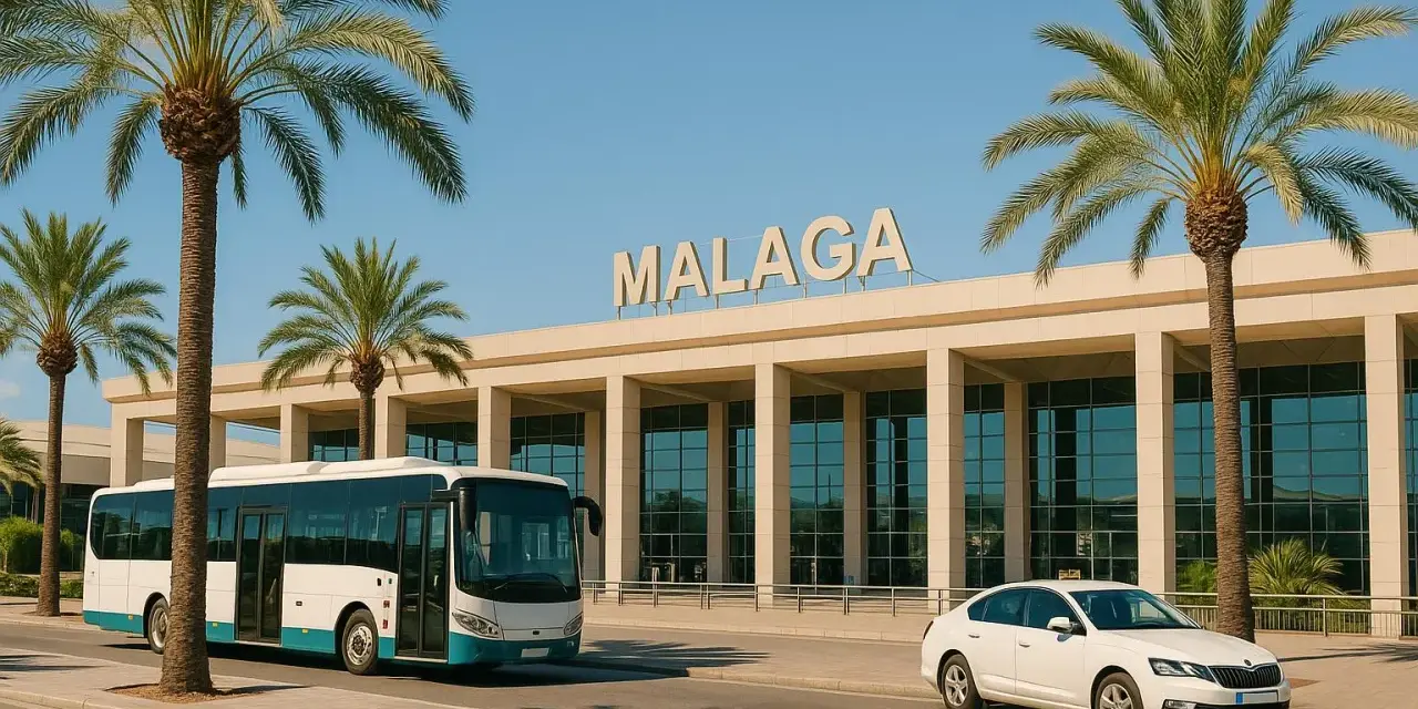 Autobus i biały samochód przed budynkiem lotniska Malaga. Idealne miejsce na rozpoczęcie podróży i tanie malaga loty.