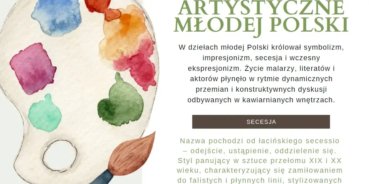 Paleta artysty z kolorami i pędzlem, symbolizująca sztukę młodej Polski.