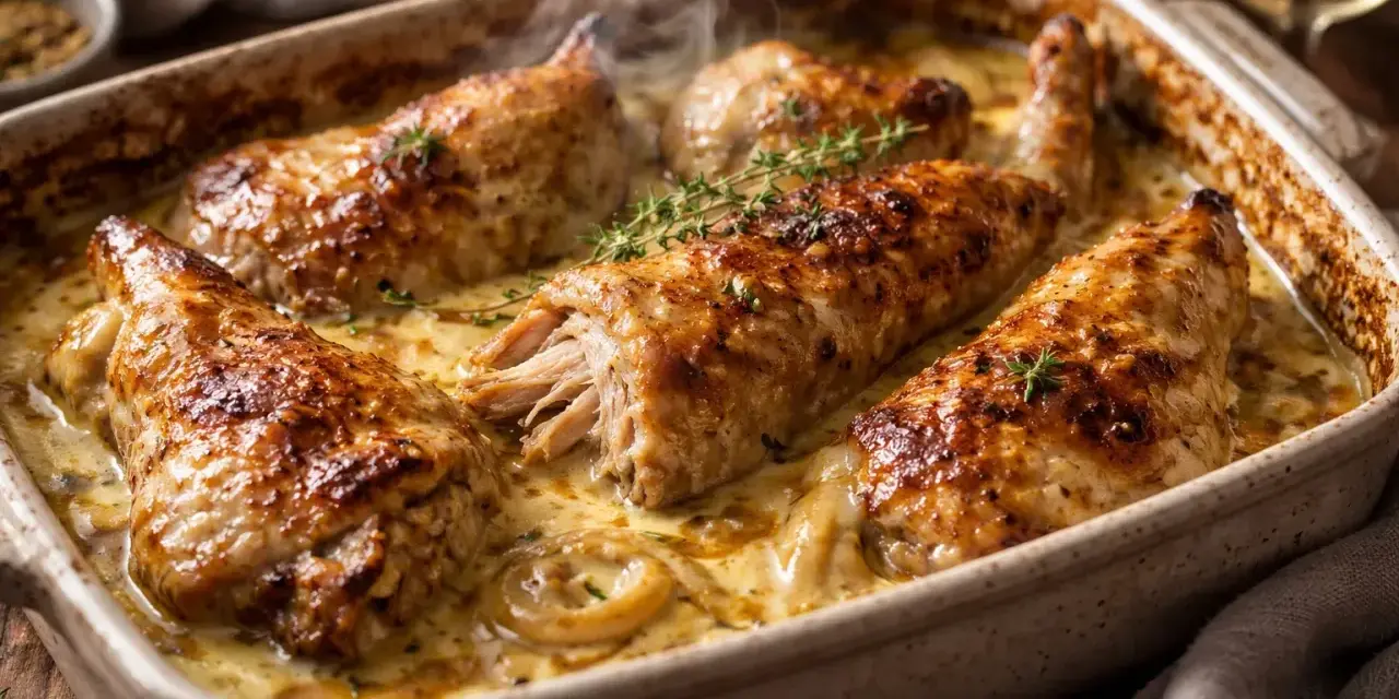 Un plat de lapin au four, doré et fumant, baignant dans une sauce crémeuse aux herbes.