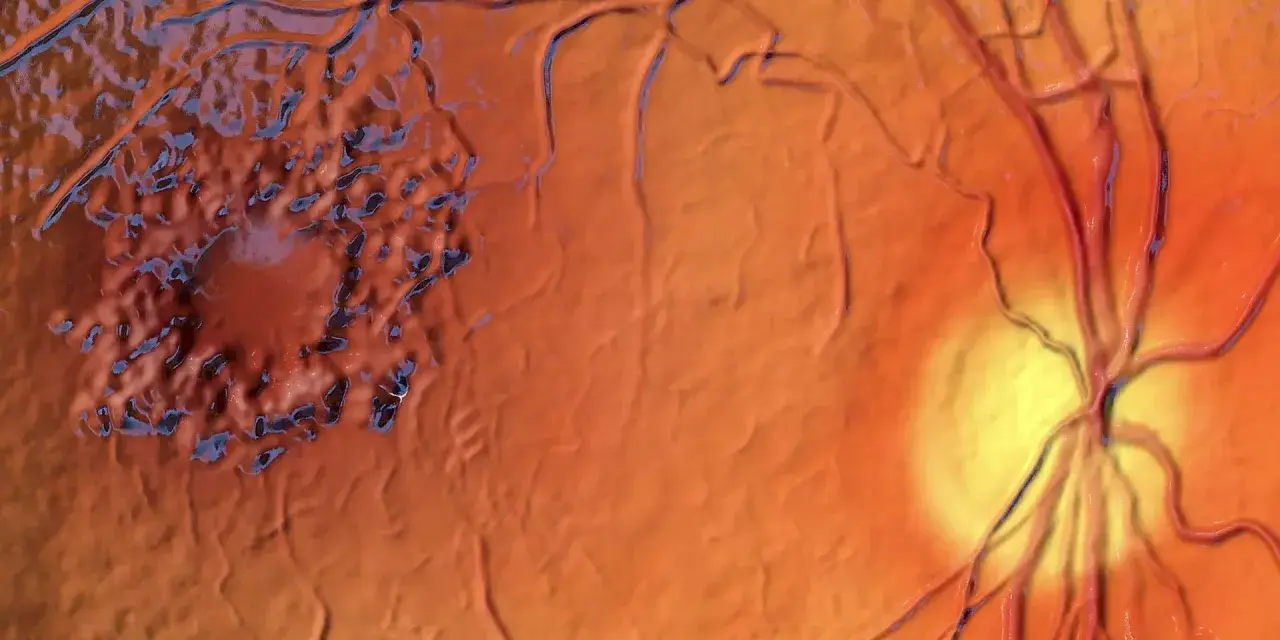 Edema maculare cistoide: la macula appare gonfia e irregolare, con aree scure che suggeriscono le cause. Vasi sanguigni retinici visibili.