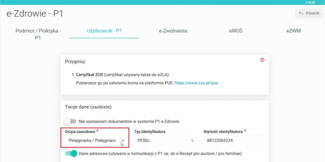 Recepta pielęgniarska pro familiae. Wpisz dane, wybierz grupę zawodową "Pielęgniarka / Pielęgniarz" i identyfikator.