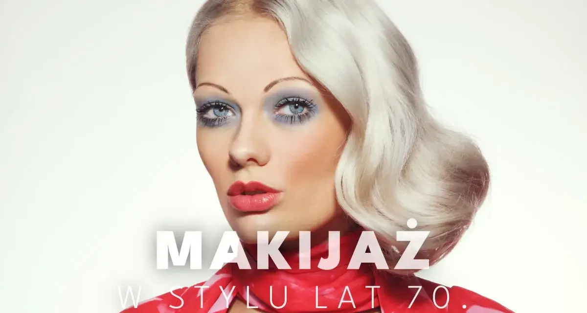 Kobieta z blond falowanymi włosami i wyrazistym makijażem oczu w stylu lat 70. Czerwona apaszka i sukienka.