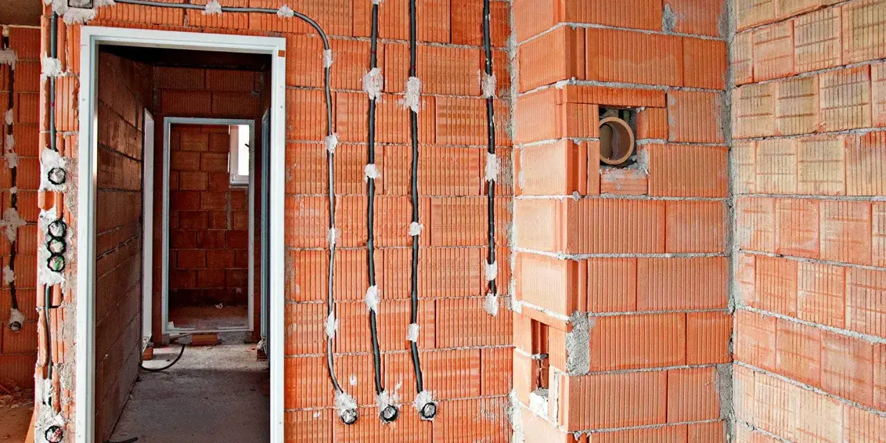 Instalacja elektryczna w trakcie budowy: łączenie kabli w ścianie bez puszki, widoczne przewody i otwory w cegłach.