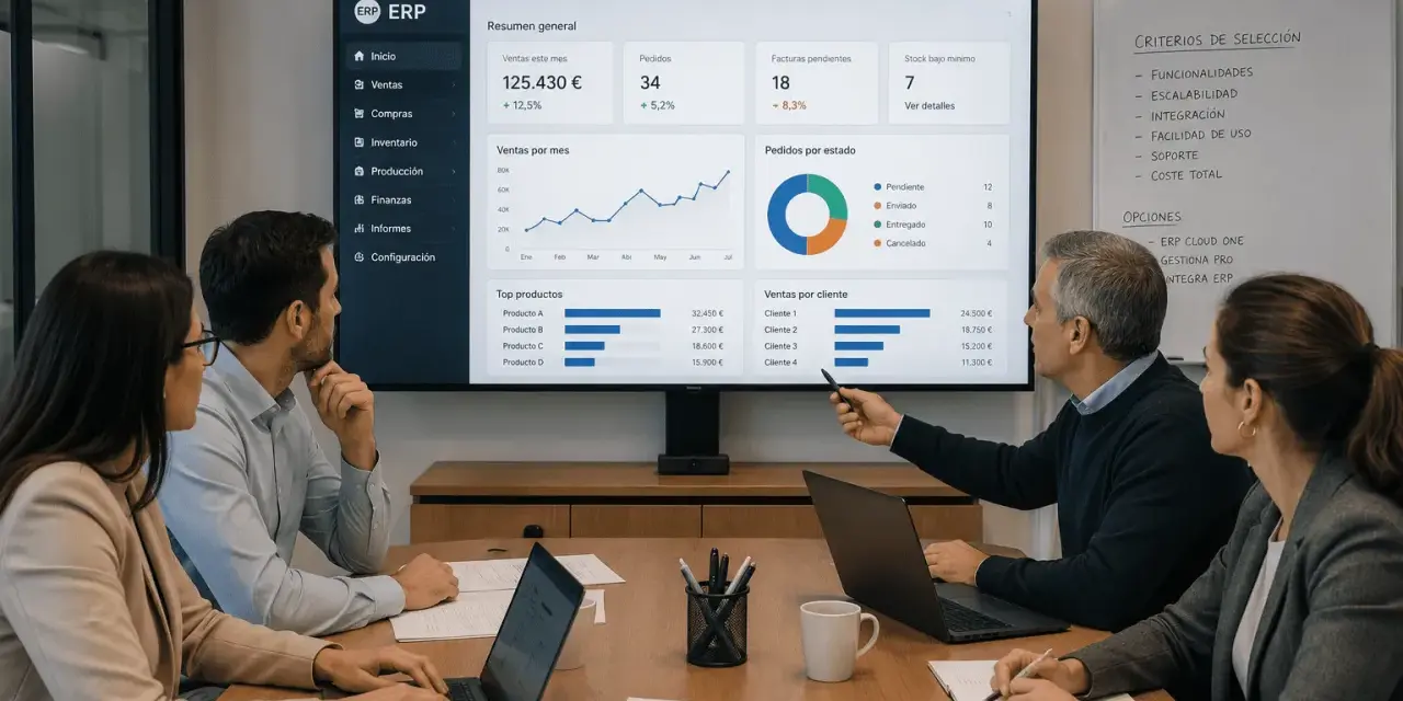 Equipo revisa métricas de ventas en pantalla, discutiendo opciones de proveedores de software ERP.