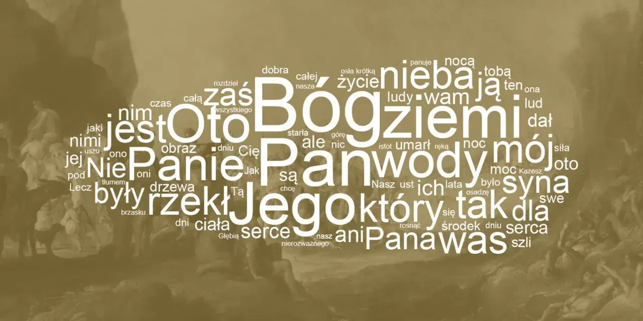 Słowa z Psalmu 148 tworzą chmurę, gdzie "Oto Bóg ziemi" i "Pan wody" dominują. W tle widać fragmenty malowidła.
