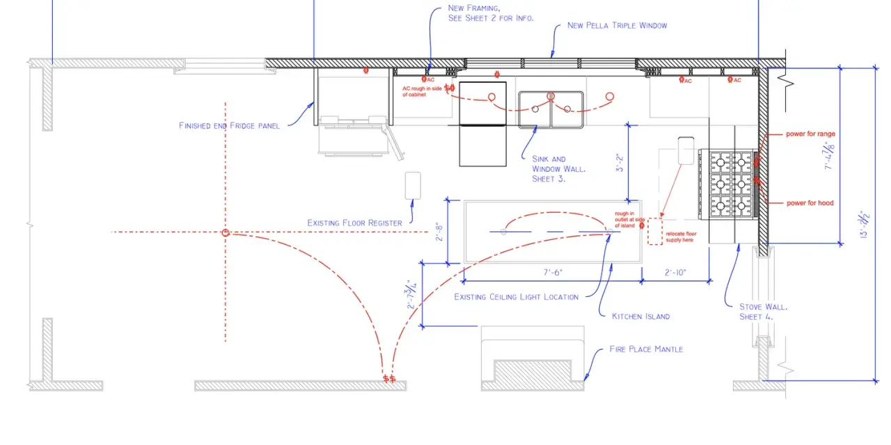 Detailed kitchen cabinet layout showing sink, island, stove, and fridge placement.
