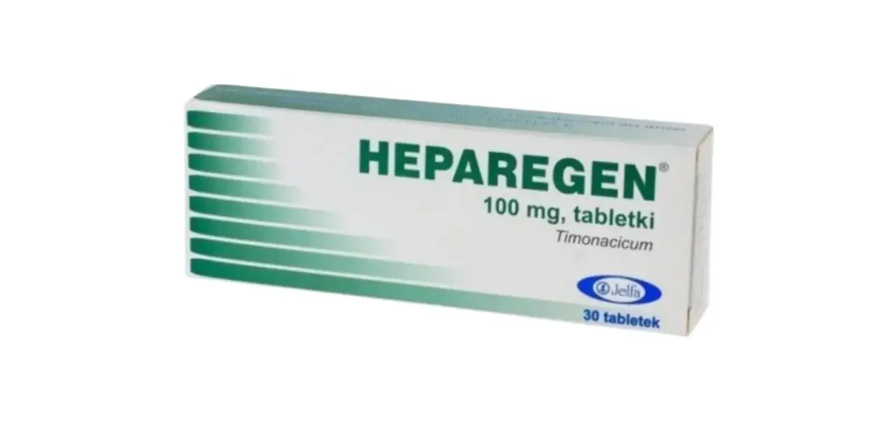 Opakowanie leku Heparegen 100 mg, tabletki. Stosowany na problemy z wątrobą. 30 tabletek.