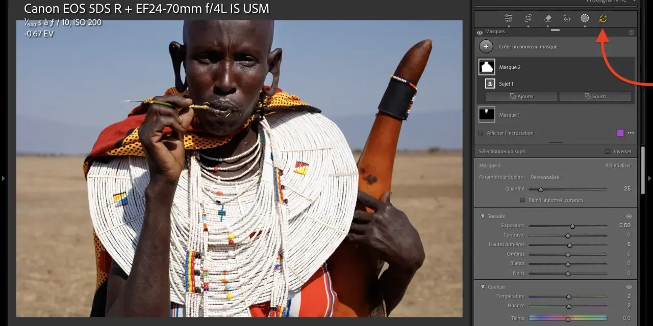 Portrait d'un homme Massaï, ajustements de masques dans Lightroom dernière version.