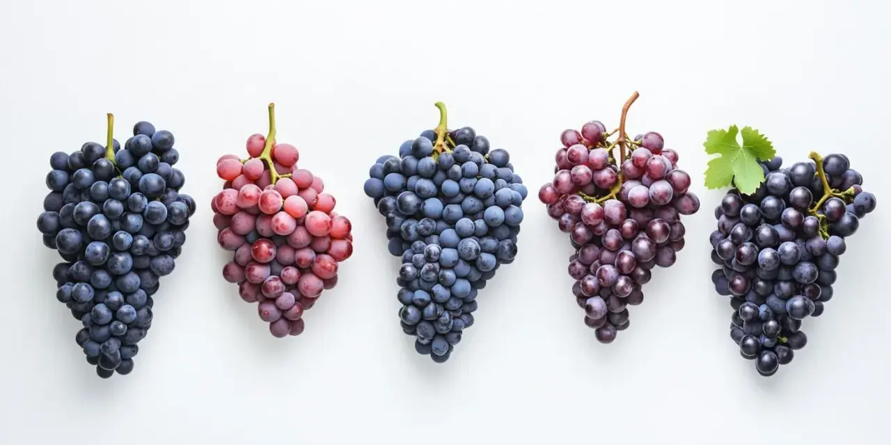 Cinq grappes de raisins, bleus et rouges, posées sur fond blanc. Le pinot noir est-il un vin rouge ? Ces raisins bleus foncés pourraient bien le confirmer.