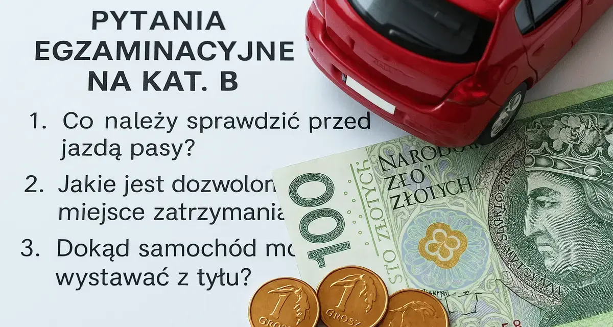 Pytania egzaminacyjne na kat. B, czerwony samochodzik, banknot 100 zł i grosze. Zastanawiasz się nad kurs prawa jazdy cena?